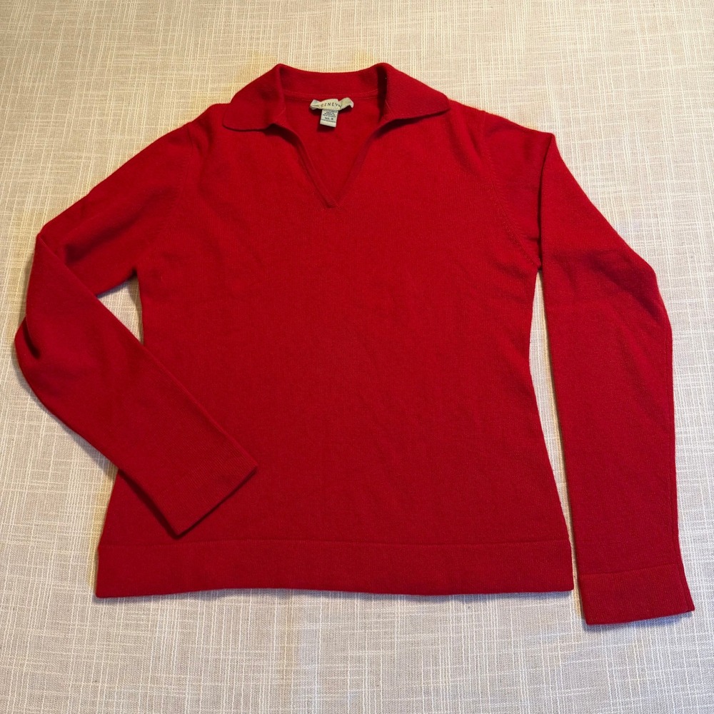 Geneva Red 100% Cashmere Polo V-Neck Long Sleeve Sweater Womens Size Medium
